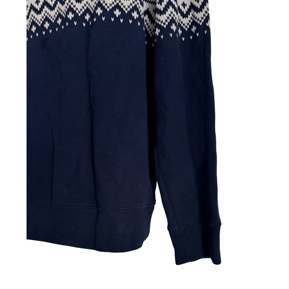 Lands End Men's L Fair Isle Nordic Quarter Zip Sweater Navy 100% Cotton 42-44